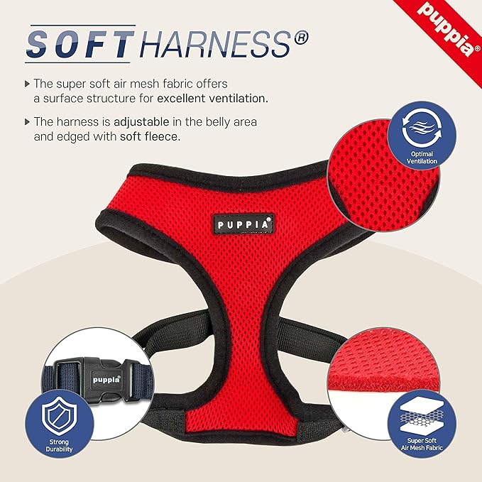 Puppia Soft Dog Harness No Choke Over-The-Head Triple Layered Breathable Mesh Adjustable Chest Belt and Quick-Release Buckle, Sky Blue, Medium