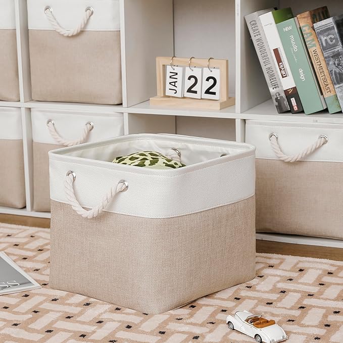 13×15×13 Inch Storage Cubes,6 Pack Cube Storage Bins for Shelves,Fabric Collapsible Storage Bins with Handles, Foldable Storage Basket for Organizing Clothes,Books (White&Beige,13"x15"x13")