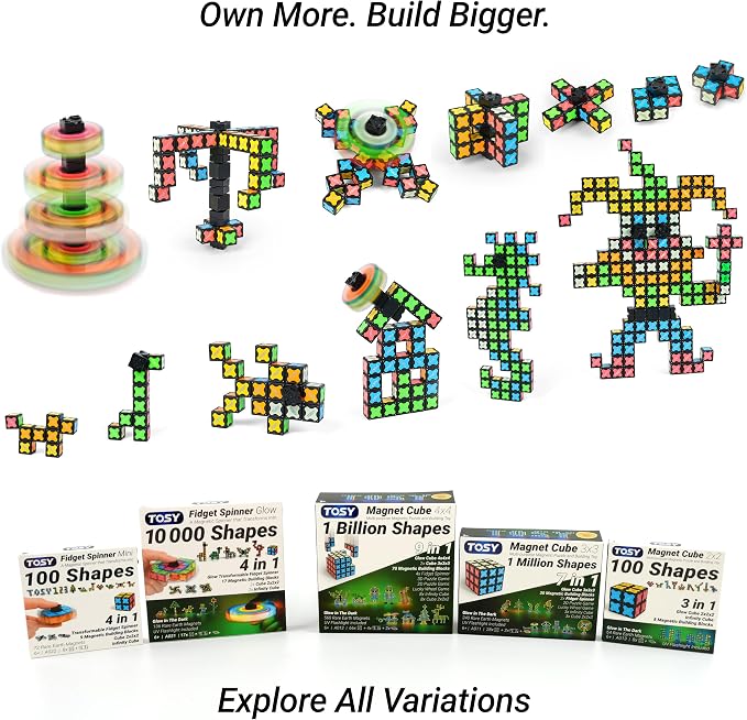 TOSY Magnet Fidget Spinner Mini - 8 Blocks, 3 in 1 Toy: Transformable Fidget Spinner, Infinity Cube, 2x2 Puzzle Cube, Stress Relief, STEM Magnet Tiles Birthday Gift for Kids/Boys/Girls/Adults, 4-Pack