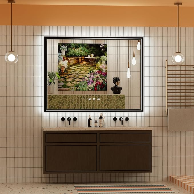 40x30 Inch Black LED Bathroom Mirror with Front and Back Lights, Adjustable 3000K/4500K/6000K, Wall-Mounted Framed Lighted Bathroom Vanity Mirrors, Anti-Fog, Dimmable, Horizontal/Vertical