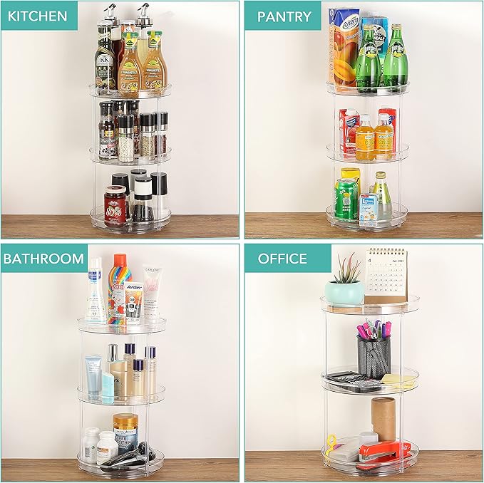 URALFA 3 Tier Bathroom Lazy Susan Organizer, 9 Inch Clear Rotating Makeup Organizer for Vanity, High-Capacity Acrylic Skincare Organizers 360 Rotating Tray for Countertop, Pantry, Kitchen, Cupboard