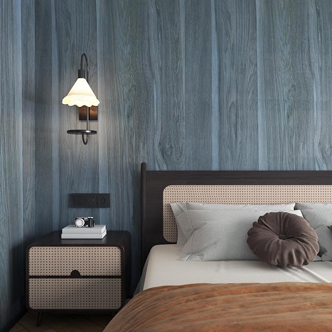 BOMENG Blue Wood Wallpaper Stick and Peel Peacock Wood Grain Contact Paper