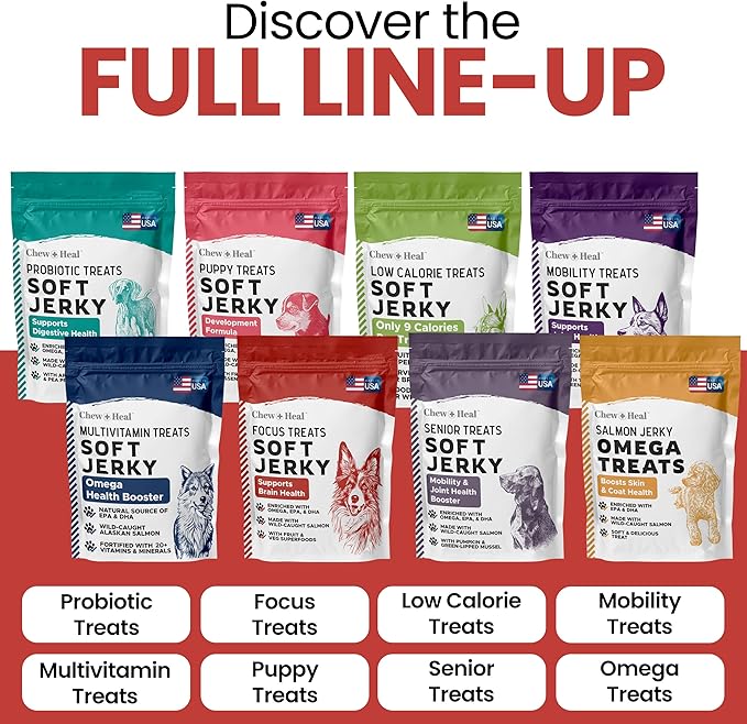 Chew + Heal Labs Dog Salmon Jerky Treats with Cognitive Support - 5 oz of Wild Caught Salmon Jerky Dog Treat - Made with Gingko Biloba, Blueberries, Cranberries, Pumpkin, and More - Made in The USA