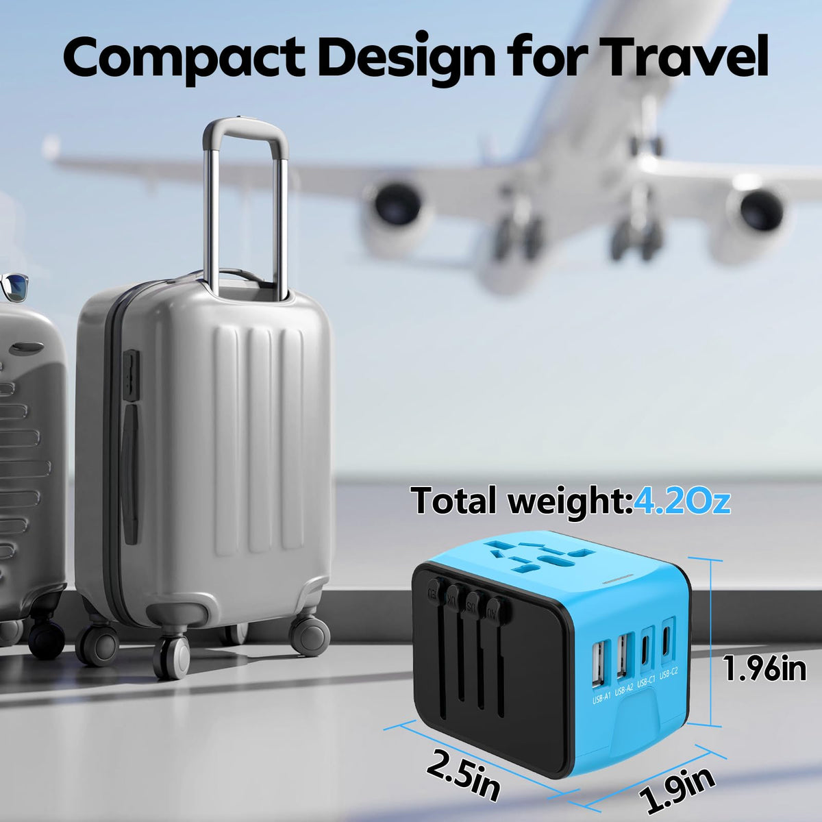 JMFONE Universal Travel Adapter: 4 USB-C/USB-A Ports + 2500W AC Outlets, Worldwide (Blue)