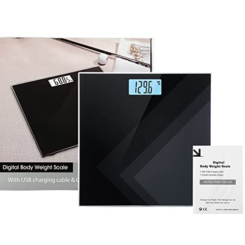 Uten Digital Weight Scale, USB Charging Bathroom Weight Scale, Three-Color LCD Back Light Display, Slim Design, 400Ibs/180kg, 6mm Tempered Glass (Black)