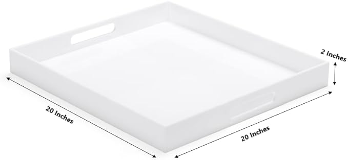 White Modern Acrylic Ottoman Tray with Cutout Handles 20x20 Inch Over-Sized Serving Tray Organizer Rubber Boot Tray Decorative for Living Room Bedroom,Bathroom and Entryway Kitchen