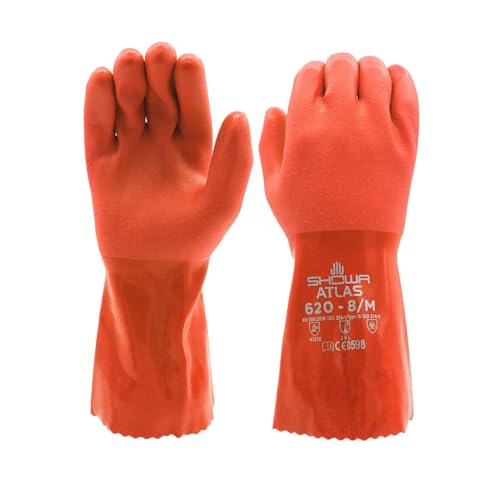 SHOWA Atlas 620 Double-Dipped PVC Chemical Resistant Gloves, Rough Finish Grip, Seamless Cotton Liner - size: X-Large, style: Vending 12-pack