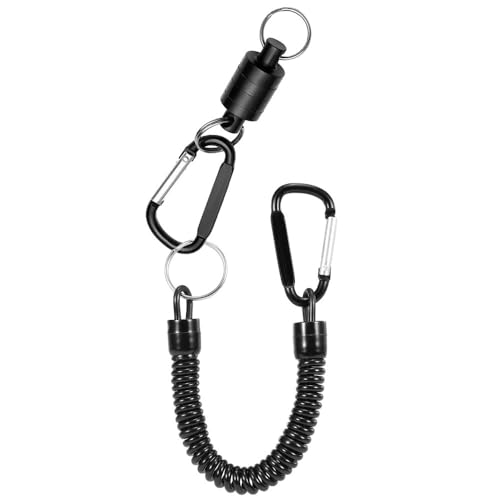 Retractor Keychain with Retractable Coiled Lanyard – 2kg/4.4lb Pull Force Fly Fishing Net Holder, Secure Attachment & Quick Access for Wading(Black)