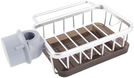 Haofy Kitchen Faucet Sponge Holder, Sink Faucet Caddy Organizer with Drip Tray for Dish Soap Brush, 5.7 x 10.5 x 3.5 (Silver)