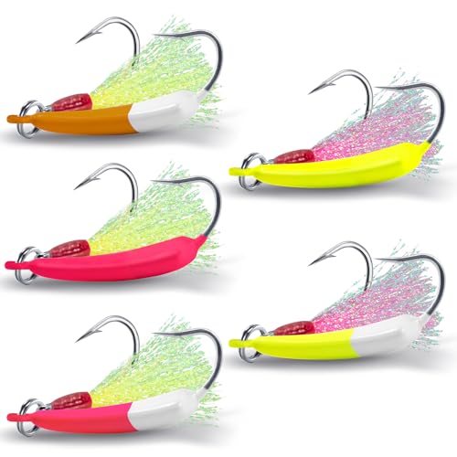 Dr.Fish 5 Pack Pompano Jigs with Teaser Hooks, Surf Fishing Jig Heads Saltwater Lure Banana Shape Stand Up O'Shaughnessy Beach Casting Halibut Striper Redfish Flounder - color: Mixed color, size: 3/8oz-Hook 3/0