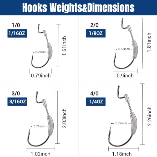 20Pcs Weighted Bass Fishing Hooks Set, Customized Swimbait Hooks Wide Gap Weedless Worm Fish Hook with Molded Bait Keeper 1/0 2/0 3/0 4/0 - size: 1/16oz-1/0