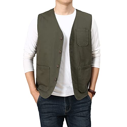 PRIJOUHE Men's Casual Outdoor Cotton Vest Lightweight Breathable Multi-Pocket Fishing Safari Travel Vests Outwear - color: 02-green, size: XX-Large
