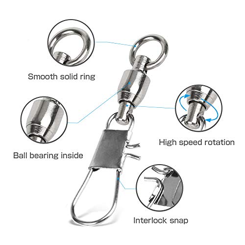 AMYSPORTS Fishing Swivels with Interlock Snap Ball Bearing Swivels Fishing Snap Swivels Saltwater Freshwater Fishing Tackle Leader Lure Jigs Line Fishing Connector - size: size6 (99lb) 50 pcs