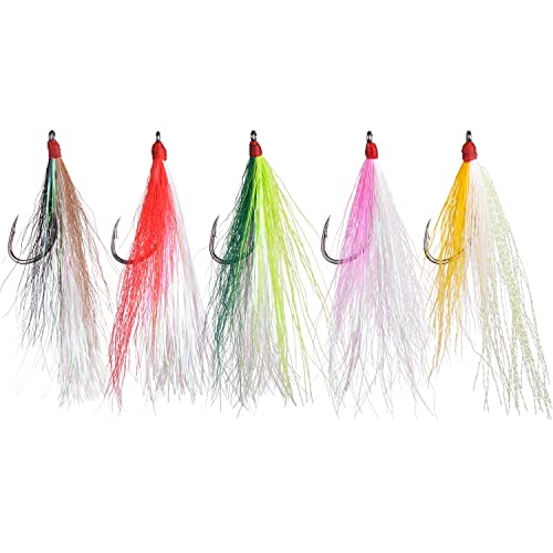 Bucktail Teasers Fishing Hooks Saltwater Flounder Rig Bucktail Mylar Teasers Inserted Fishing Teaser Hooks for Jigs Spoons Lures Hi/Lo Rig Striped Bass Bluefish Flounder Surf Bottom Fishing - color: Yellow-white, size: 6pcs