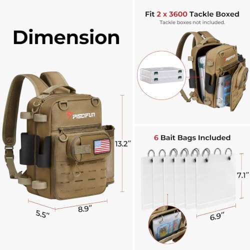 Piscifun Fishing Tackle Backpack, 3-Way Carry with Rod Holders | 16 smart pockets, 2 rod holders, Rain cover, Breathable back support, Convertible sling/waist/backpack carry - color: Khaki