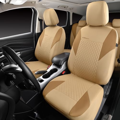 CAR PASS Ultrasonic Embossing Cloth Universal Seat Covers,Cute Breathable Car Seat Cover with 5mm Composite Sponge Inside,Airbag Compatible,2zipper Bench for Sedan,SUV,Truck(Beige,Full Set) - color: Beige