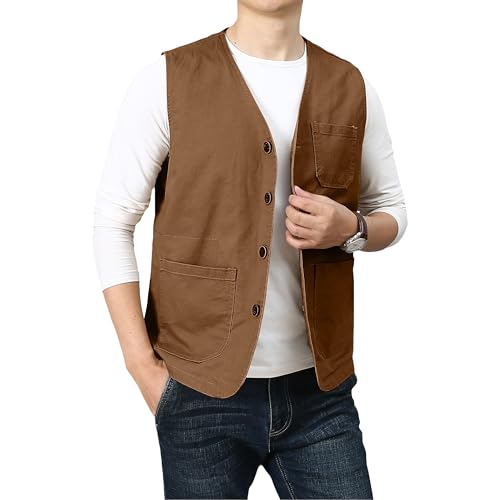 PRIJOUHE Men's Casual Outdoor Cotton Vest Lightweight Breathable Multi-Pocket Fishing Safari Travel Vests Outwear - color: 02-brown, size: Medium