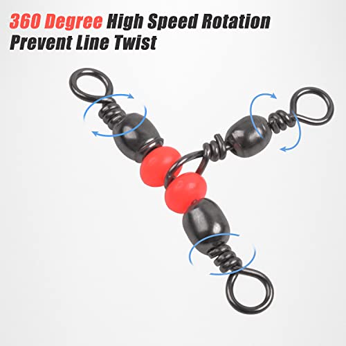 SILANON 3 Way T-Turn Barrel Swivels Fishing Tackle,40pcs Brass Barrel Triple Swivel Cross Line 3 Way Barrel Fishing Connector with Red Fishing Beads for Freshwater Saltwater Test 20-100LB - size: 7*9# 40pcs