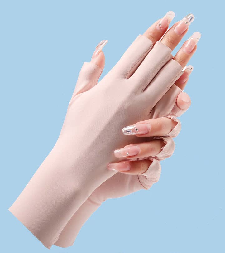 Women Fingerless Gloves Summer UV Protection Gloves Cool Ice Silky Sun Block Driving Unisex - color: Pink