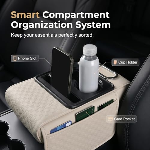5 in 1 Car Center Console Cover, Car Armrest Cover with Cup Holder, Storage Pockets, Tissue Box Slot, Phone Holder, Car Interior Accessories (Red) - color: Red
