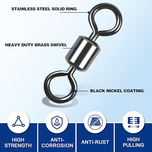 Barrel Swivels Fishing Tackle, 20/80pcs Heavy Duty Fishing Swivel Connector Stainless Steel Black Nickel Rolling Swivels Saltwater Freshwater 30-1322lb - size: 80pcs--4#--77lb