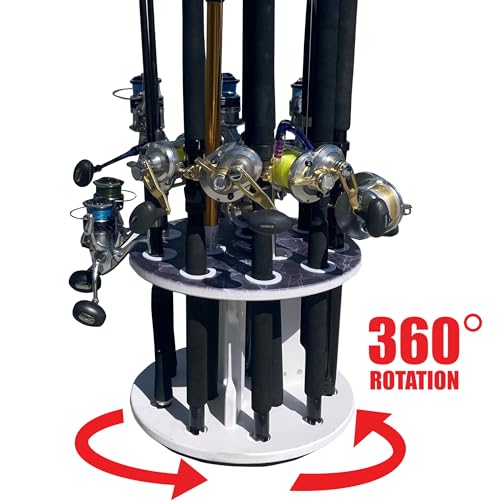 Rush Creek Creations Reel Salty 12-Rod Marine Grade Saltwater Spinning Fishing Pole Holder, Waterproof Round Fishing Rod Holder with 360° Access, Gray/White