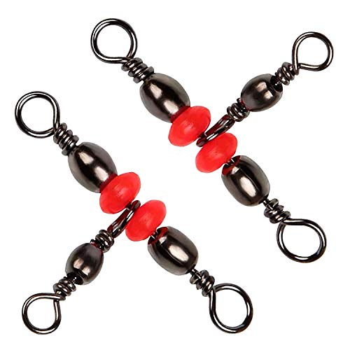 SILANON 3 Way T-Turn Barrel Swivels Fishing Tackle,40pcs Brass Barrel Triple Swivel Cross Line 3 Way Barrel Fishing Connector with Red Fishing Beads for Freshwater Saltwater Test 20-100LB - size: 5*7# 40pcs