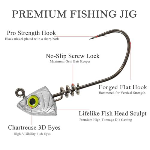 Screw Lock Swimbait Jig Heads 15 Pack, 3D Chartreuse Eyes & Sharp Hooks, Lead Fishing Jigheads for Bass Fishing, 1/8oz, 3/16oz, 1/4oz, 3/8oz - size: 1/8oz-15Pcs