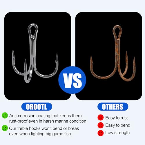 OROOTL Treble Fishing Hooks, 60pcs High Carbon Steel Treble Hooks with Ultra Sharp Barb Corrosion-Resistant Round Bend Triple Hooks for Lures Freshwater Saltwater - size: Size 2#, Pack of 60