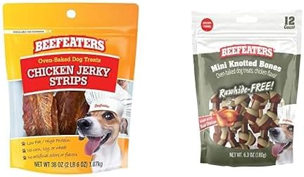 Beefeaters Dog Treats Bundle: 30 Oz Chicken Jerky Strips + 12ct Mini Knotted Bone Chicken Flavor Chews