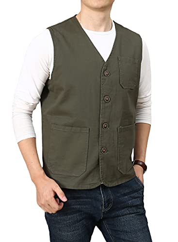 PRIJOUHE Men's Casual Outdoor Cotton Vest Lightweight Breathable Multi-Pocket Fishing Safari Travel Vests Outwear - color: 02-green, size: XX-Large
