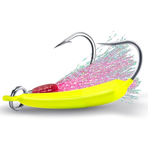 Dr.Fish 5 Pack Pompano Jigs with Teaser Hooks, Surf Fishing Jig Heads Saltwater Lure Banana Shape Stand Up O'Shaughnessy Beach Casting Halibut Striper Redfish Flounder - color: Chartreuse, size: 3/8oz-Hook 3/0