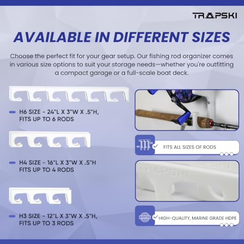 TRAPSKI Made in The USA Fishing Rod/Pole Holder Rack Organizers | Wall or Boat Mounting Fishing Rod Rack | Marine Grade HDPE Plastic | Pole Holder for up to 3 Rods | Stackable - color: H3 White