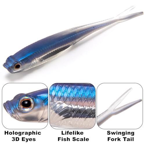 Dr.Fish Soft Plastic Baits, Fork Tail Soft Jerkbait Minnow Lures, 3 to 4-3/4 Inches Soft Swimbaits Jerk Shad Baits Crappie Bass Fishing Lures - color: Chartreuse, size: 4"-5 Pack