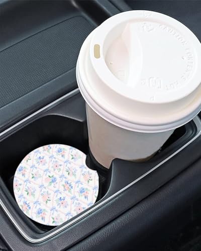Car Coasters Set of 2, 2.6x2.6 Inch – Absorbent Cup Holder Coasters with Pastel Floral & Blue Bow Pattern – Cute Coquette Car Cup Coasters for Women - color: Blue