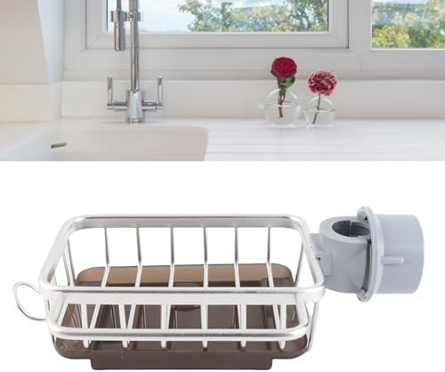 Haofy Kitchen Faucet Sponge Holder, Sink Faucet Caddy Organizer with Drip Tray for Dish Soap Brush, 5.7 x 10.5 x 3.5 (Silver)