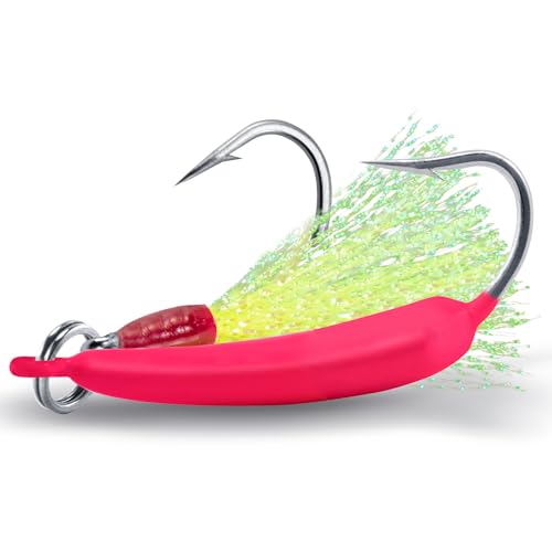 Dr.Fish 5 Pack Pompano Jigs with Teaser Hooks, Surf Fishing Jig Heads Saltwater Lure Banana Shape Stand Up O'Shaughnessy Beach Casting Halibut Striper Redfish Flounder - color: Pink, size: 1/4oz-Hook 2/0