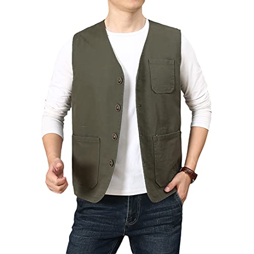 PRIJOUHE Men's Casual Outdoor Cotton Vest Lightweight Breathable Multi-Pocket Fishing Safari Travel Vests Outwear - color: 02-green, size: XX-Large
