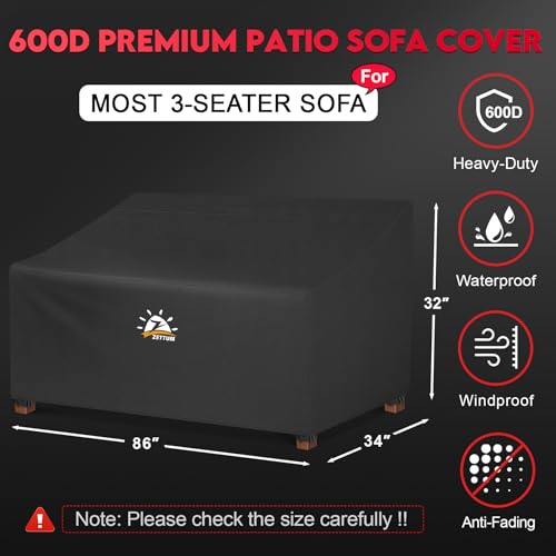 Zettum Patio Sofa Cover 86 Inch - 600D Outdoor Couch Cover Waterproof & Heavy Duty, Large 3-Seater Furniture Covers for Outside Sofa, Couch, Glider, Loveseat and Bench - 86 x 34 x 32 Inch - size: 86 x 34 x 32 Inch