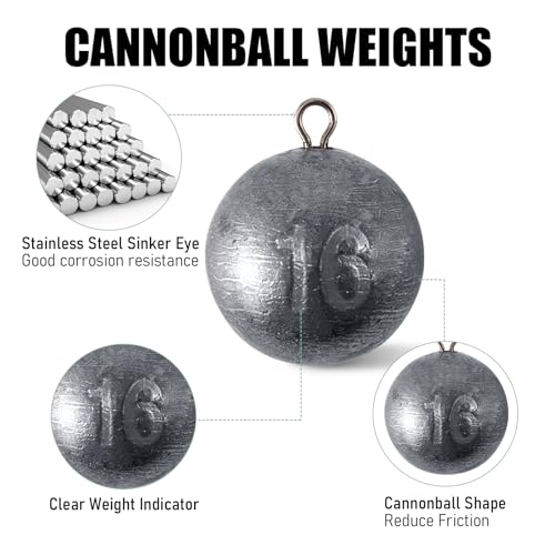 Dr.Fish Cannonball Sinkers Saltwater Lead Fishing Weights Round Ball Sinkers Trolling Downrigger Weights Bottom - size: 5oz-5 Pack