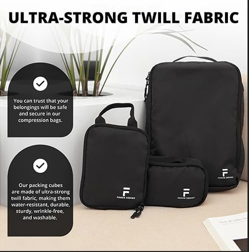 8 Piece Compression Packing Cubes Set - Double Capacity Design for Travel - Small, Medium & Large Sizes - Carry-On Suitcase Organizer Bags (Black)