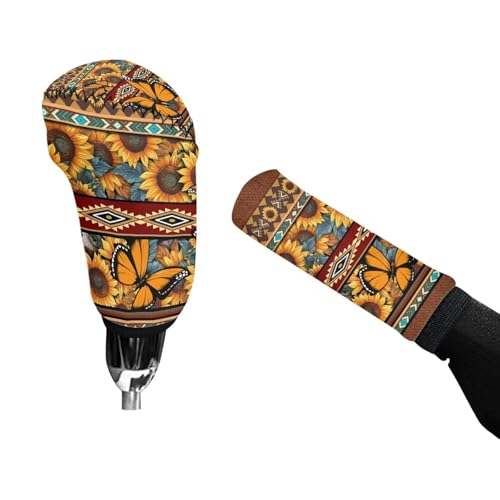 Bulopur Car Shifter Gear Hand Brake Trim Cover Set for Most Cars Van SUV Sedan Truck Auto Accessories - color: Aztec Sunflower Butterfly
