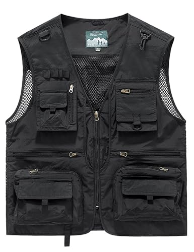 Men's Lightweight Mesh Fishing Vest Utility Outdoor Multi-Pocket Hunting Cargo Vest - color: Black, size: Large