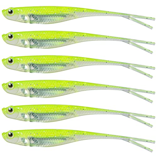 Dr.Fish Soft Plastic Baits, Fork Tail Soft Jerkbait Minnow Lures, 3 to 4-3/4 Inches Soft Swimbaits Jerk Shad Baits Crappie Bass Fishing Lures - color: Chartreuse, size: 4"-5 Pack