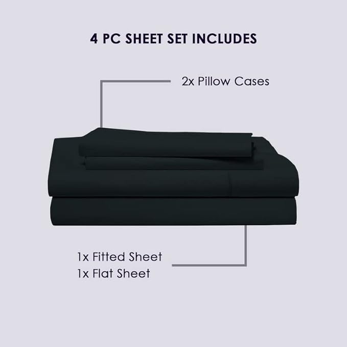 Pizuna Pure 100% Cotton Queen Size Sheets, 800 Thread Count Long Staple Cotton Crisp Sateen with 15in Deep Pocket (Combed Black Cotton)