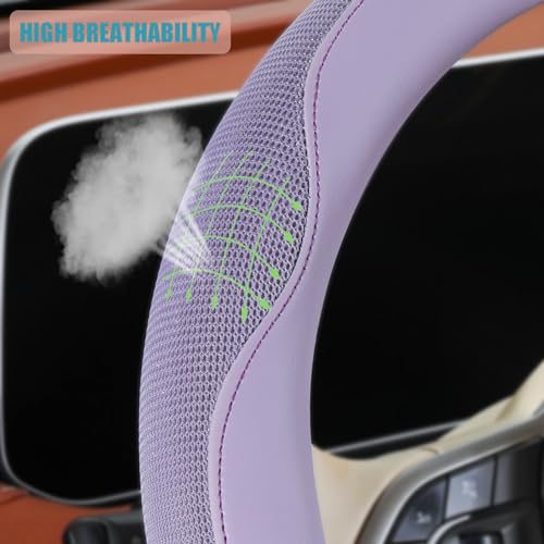 Nappa Leather Purple D Shape Steering Wheel Cover, Advanced Microfiber Leather Non-Slip Breathable Fabric, Warm in Winter and Cool in Summer, Universal 15 inch - color: Purple, size: D Shape-M[14.5''-15'']