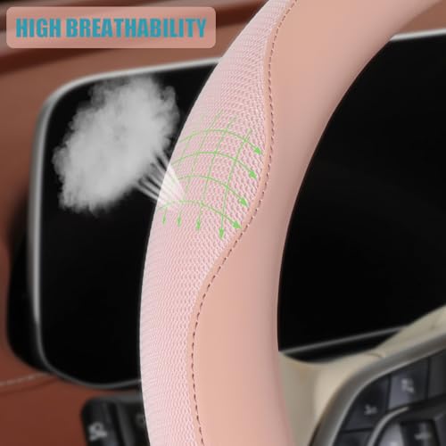 Nappa Leather Pink D Shape Steering Wheel Cover, Advanced Microfiber Leather Non-Slip Breathable Fabric, Warm in Winter and Cool in Summer, Universal 15 inch - color: Pink, size: D Shape-M[14.5''-15'']