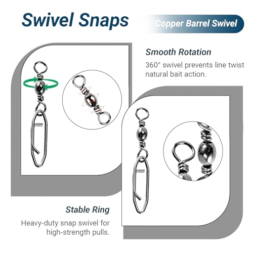 Atibin Saltwater Freshwater Snap Swivels Stainless Heavy Steel Fishing Clips Swivel Barrel Clip Fishing Snaps Rolling Speed Change Black Nickel - size: Size 1+L (77lb) 25 pcs