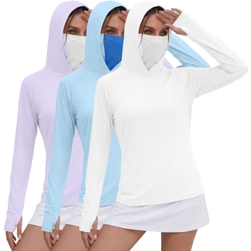 Xaatren 3 Pack Women's UPF 50+ Sun Hoodies with Face Mask Thumb Holes Quick Dry Fishing Shirts UV Protection Hiking Shirt - color: Purple, Blue, White, size: Medium