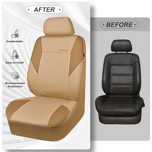 CAR PASS Ultrasonic Embossing Cloth Universal Seat Covers,Cute Breathable Car Seat Cover with 5mm Composite Sponge Inside,Airbag Compatible,2zipper Bench for Sedan,SUV,Truck(Beige,Full Set) - color: Beige